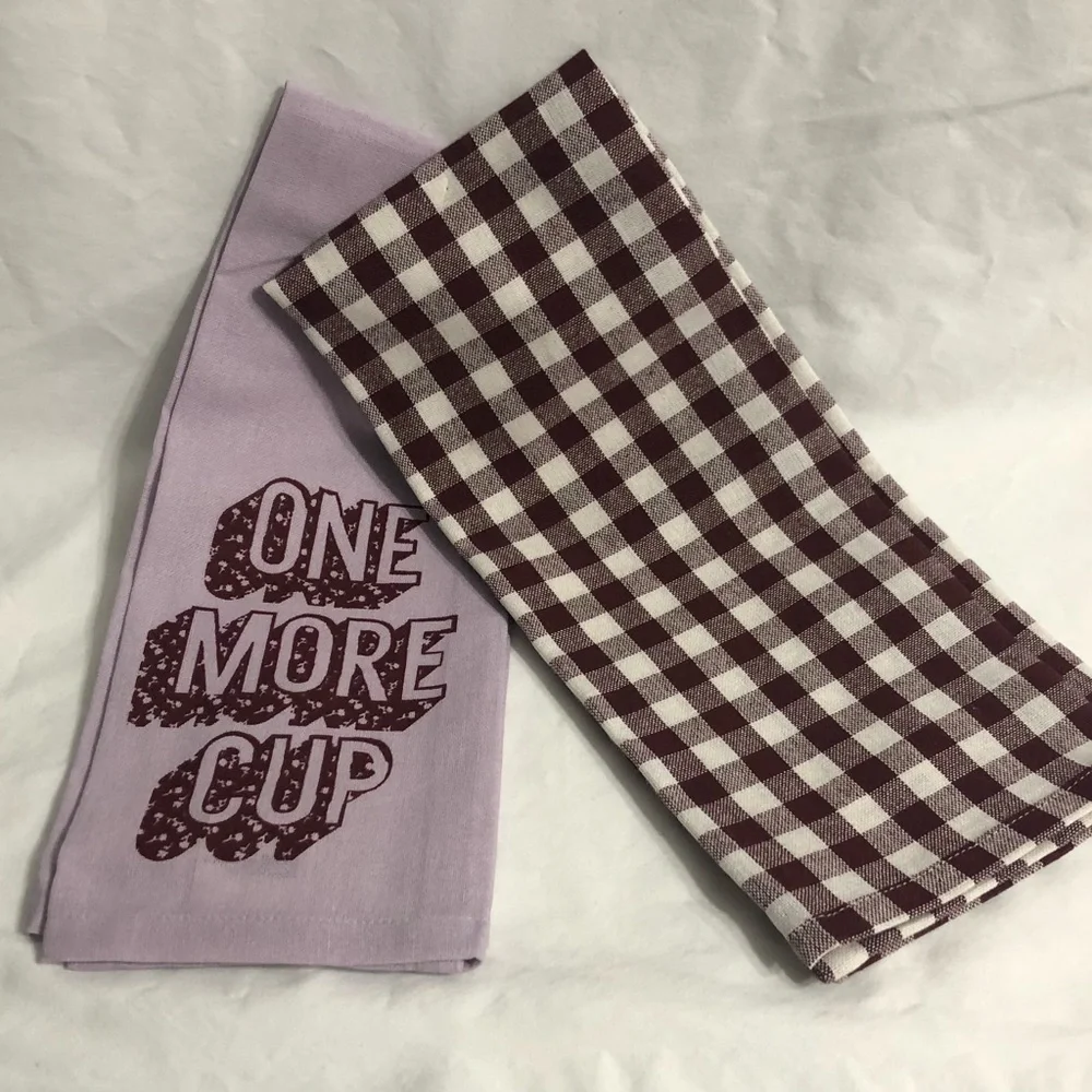 2PK kitchen Towels one more cup graphic purple/ burgundy plaid. 16inX25in